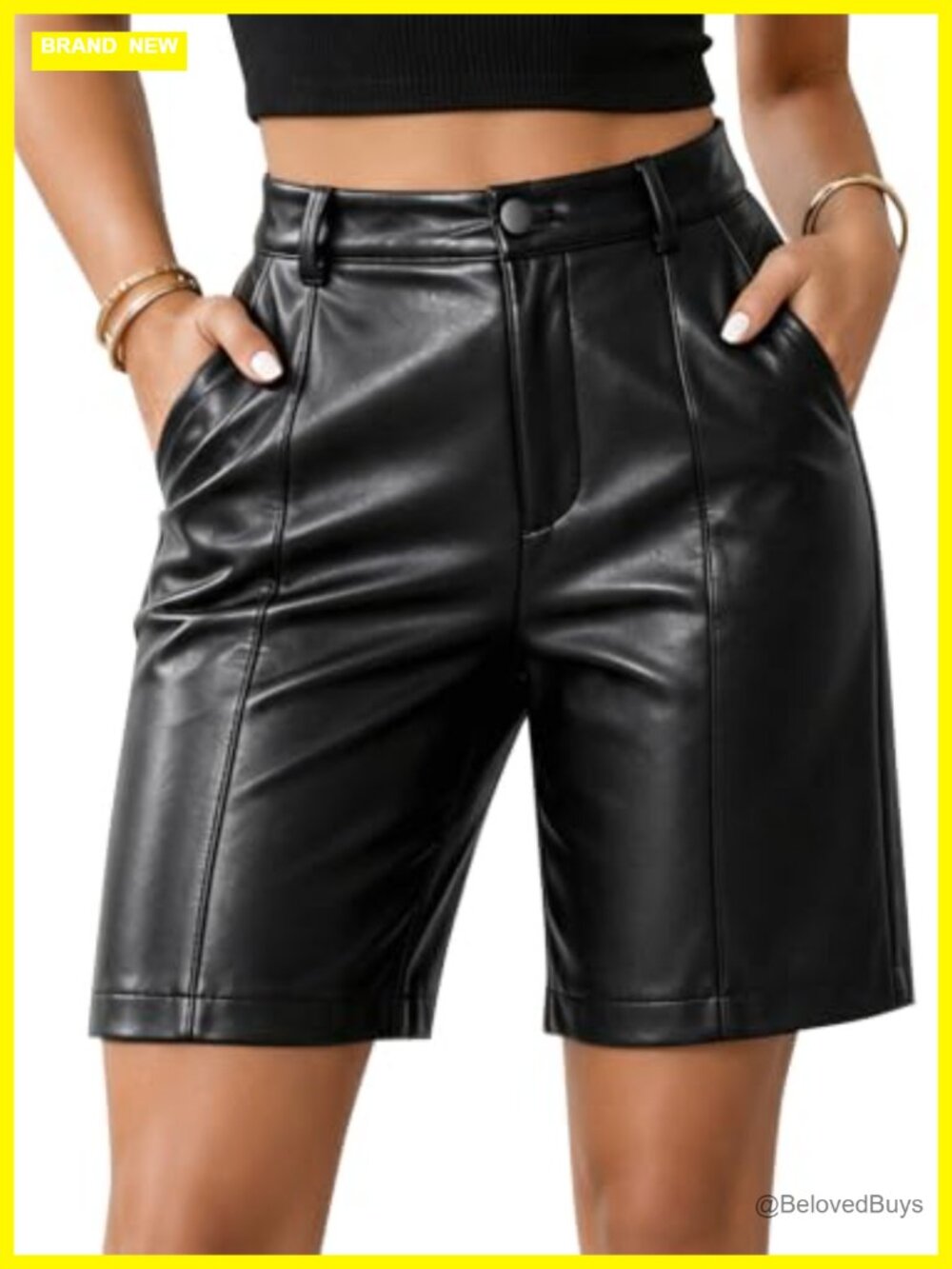 Women Faux Leather Bermuda Shorts with Pockets
